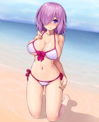 Rule 34 | 1girl, adapted costume, arm at side, asamura hiori, beach, bikini, blush, breasts, cleavage, closed mouth, day, fate/grand order, fate (series), front-tie bikini top, front-tie top, full body, hair over one eye, hand on own chest, highres, horizon, kneeling, large breasts, mash kyrielight, mash kyrielight (swimsuit of perpetual summer), medium hair, navel, official alternate costume, outdoors, partially submerged, purple eyes, purple hair, shallow water, side-tie bikini bottom, smile, solo, swimsuit, water, white bikini