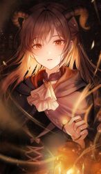 Rule 34 | 1girl, 723/nanahumi, black background, black capelet, black shirt, black sweater, boku no ashiato kimi no yukusaki (project sekai), brown hair, capelet, collared shirt, heart, highres, light particles, long hair, looking at viewer, lower (vocaloid), open mouth, project sekai, red eyes, shinonome ena, shirt, sidelocks, solo, sweater, upper body, vocaloid