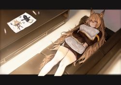Rule 34 | 1girl, ^ ^, animal ears, arknights, axe, bare legs, black coat, blurry, blurry foreground, blush, boots, brown hair, buchi k018, ceobe (arknights), child&#039;s drawing, closed eyes, coat, couch, crayon, doctor (arknights), dog ears, dog girl, dog tail, drawing, fang, feet out of frame, framed, from above, hair between eyes, highres, holding, holding pillow, holding weapon, hug, jacket, letterboxed, long hair, long sleeves, lying, mask, mask on head, hugging object, on back, pillow, red eyes, skin fang, smile, solo, table, tail, thighs, weapon