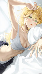 Rule 34 | 1girl, :d, arm up, armpits, blonde hair, blush, bra, breasts, cleavage, green eyes, hand on own head, happy, haruri, highres, hoshii miki, idolmaster, indoors, looking at viewer, lying, medium breasts, messy hair, midriff, morning, no shirt, hugging object, on bed, on stomach, open mouth, panties, pillow, pillow hug, smile, solo, stretching, underwear, waking up, white bra, white panties