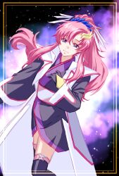 Rule 34 | 1girl, :3, aiai x0301, black gloves, black kimono, black thighhighs, blue eyes, closed mouth, floating hair, gloves, gundam, gundam seed, gundam seed destiny, hair between eyes, highres, japanese clothes, kimono, lacus clyne, long hair, long sleeves, pink hair, ponytail, short kimono, sketch, smile, solo, thighhighs, very long hair, zettai ryouiki