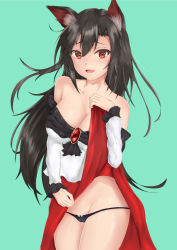 Rule 34 | 1girl, animal ears, black panties, blush, breasts, brooch, brown hair, cleavage, clothes lift, collarbone, dress, dress lift, fang, green background, groin, highres, imaizumi kagerou, jewelry, large breasts, long hair, looking at viewer, lowleg, lowleg panties, open mouth, panties, red eyes, simple background, solo, touhou, underwear, wide sleeves, wolf ears
