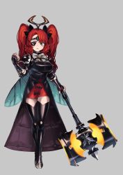 Rule 34 | 1girl, absurdres, beetle horn, black bow, black dress, black footwear, boots, bow, breasts, closed mouth, dress, eyepatch, fingerless gloves, gloves, green eyes, hair bow, hammer, hand up, highres, holding, holding hammer, horns, insect wings, large breasts, looking at viewer, okame nin, one eye covered, original, red hair, single horn, solo, thigh boots, twintails, vambraces, wings