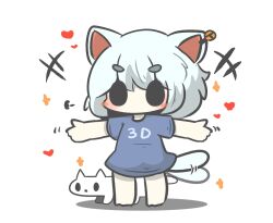 Rule 34 | +++, 1girl, afterimage, animal ears, bell, blue shirt, blush, cat ears, cat girl, cat tail, chibi, clothes writing, commentary request, full body, grey hair, heart, highres, jingle bell, motion lines, original, shadow, shirt, short eyebrows, short sleeves, simple background, solid oval eyes, solo, sparkle, standing, tail, tail wagging, thick eyebrows, uni souchou, white background