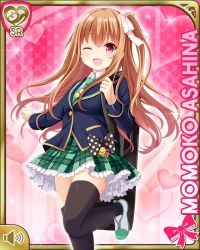 Rule 34 | 1girl, asahina momoko, badge, black thighhighs, blazer, blue jacket, bow, brown hair, button badge, card (medium), character name, girlfriend (kari), green skirt, hair bow, hair ribbon, instrument, jacket, keytar, necktie, official art, one eye closed, one side up, open mouth, pink background, plaid, plaid skirt, polka dot, polka dot bow, qp:flapper, red eyes, ribbon, school uniform, side ponytail, skirt, smile, solo, standing, standing on one leg, thighhighs, wink