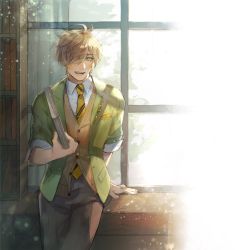 Rule 34 | 1boy, bei su (subsundb), blazer, blonde hair, book, brown pants, brown vest, collared shirt, green eyes, green jacket, hair over one eye, highres, holding, holding book, jacket, looking at viewer, male focus, necktie, nijisanji, oliver evans, open mouth, pants, shirt, smile, solo, vest, virtual youtuber, white shirt, window, yellow necktie