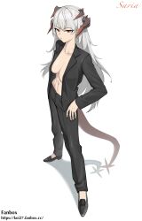 Rule 34 | 1girl, arknights, black footwear, black jacket, black pants, breasts, character name, cleavage, collarbone, commentary request, full body, grey hair, highres, horns, jacket, long hair, long sleeves, looking at viewer, medium breasts, navel, open clothes, open jacket, orange eyes, pants, saria (arknights), shadow, siguya, simple background, solo, standing, stomach, tail, very long hair, white background