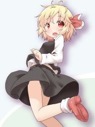 Rule 34 | 1girl, ass, black skirt, blonde hair, fang, hair ribbon, long sleeves, looking at viewer, miniskirt, natsu no koucha, open mouth, red eyes, red footwear, red ribbon, ribbon, rumia, shoes, skirt, skirt set, socks, solo, touhou, vest, white socks