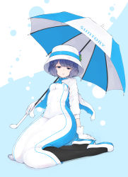 Rule 34 | 1girl, absurdres, ascot, black pantyhose, blue ascot, blue background, blue eyes, blush, breasts, commentary request, copyright name, dress, full body, gloves, half-closed eyes, hat, high heels, highres, holding, holding umbrella, long sleeves, looking at viewer, pantyhose, parted lips, purple hair, shoes, small breasts, solo, suntory, suntory nomu, temari rin, two-tone background, umbrella, virtual youtuber, white background, white dress, white footwear, white gloves, white hat