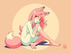 Rule 34 | 1girl, absurdres, animal ears, animal nose, artist name, bad id, bad pixiv id, barefoot, body fur, brand new animal, breasts, completely nude, feet, fox, fox ears, fox girl, fox tail, full body, furry, furry female, hand on own knee, highres, hiwatashi nazuna, long hair, looking at viewer, michirutnk, multicolored fur, nude, on ground, orange background, pink fur, pink hair, red eyes, shadow, sideboob, small breasts, snout, solo, tail, two-tone background, v, white fur, yellow background