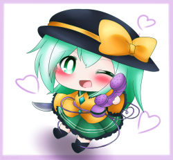 Rule 34 | 1girl, ;d, ankle boots, black footwear, black hat, blouse, blush, boots, border, bright pupils, chibi, commentary, frilled sleeves, frills, green eyes, green hair, green skirt, hair between eyes, hat, hat ribbon, heart, heart of string, holding, holding knife, holding phone, knife, komeiji koishi, looking at viewer, one eye closed, open mouth, phone, purple border, ribbon, shadow, shirt, short hair, simple background, skirt, sleeves past fingers, sleeves past wrists, smile, solo, standing, third eye, touhou, white background, white pupils, yairenko, yellow shirt