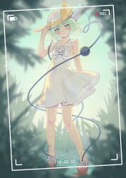 Rule 34 | 1girl, absurdres, alternate costume, arm at side, backlighting, bare arms, battery indicator, blush, bow, bright pupils, chinese commentary, closed mouth, collarbone, commentary request, day, dress, dress bow, dress flower, floating hair, flower, footwear flower, full body, grass, green eyes, green hair, hand up, hat, hat bow, head tilt, heart, heart of string, highres, koishi day, komeiji koishi, littiecy, looking at viewer, medium hair, outdoors, recording, rose, sandals, sleeveless, sleeveless dress, smile, solo, standing, sundress, third eye, toes, touhou, viewfinder, white bow, white dress, white flower, white footwear, white hat, white rose, yellow bow