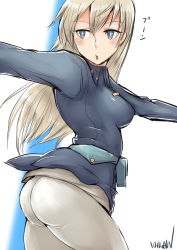Rule 34 | 1girl, :o, arched back, artist name, ass, blonde hair, blue eyes, blush, breasts, eila ilmatar juutilainen, highres, ichigai (hayawossan), long hair, long sleeves, looking away, military, military uniform, open mouth, outstretched arms, pantyhose, simple background, solo, strike witches, text focus, uniform, white background, white pantyhose, world witches series