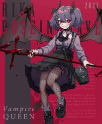 Rule 34 | 1girl, 2023, bag, bat wings, black bow, black choker, black footwear, black nails, black skirt, blood, blood on cheek, blood on face, blush, borrowed character, bow, breasts, character name, choker, collarbone, commentary, cross, english commentary, english text, fangs, fishnet thighhighs, fishnets, full body, hair between eyes, hair ornament, hairclip, highres, inverted cross, jewelry, k-rha&#039;s, long sleeves, looking at viewer, medium hair, original, polearm, purple hair, purple shirt, red background, red eyes, rika roseingrave, ring, shirt, skirt, slit pupils, small breasts, smile, solo, thighhighs, twintails, vampire, weapon, wings