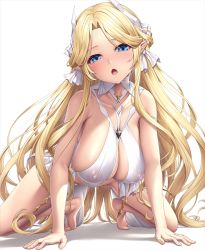 Rule 34 | 1girl, all fours, azur lane, bare shoulders, blonde hair, blue eyes, blush, breasts, brest (azur lane), cleavage, collarbone, covered erect nipples, elf, hair ornament, hair ribbon, halterneck, lambda (kusowarota), large breasts, long hair, looking at viewer, open mouth, parted bangs, pointy ears, ribbon, solo, very long hair