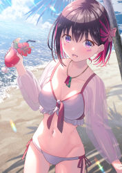 Rule 34 | 1girl, azki (hololive), beach, bikini, black hair, blush, cocktail, collarbone, colored inner hair, drink, dutch angle, facial mark, glass, hair ribbon, highres, hololive, jewelry, koh rd, midriff, multicolored hair, navel, necklace, pink hair, purple eyes, ribbon, sand, see-through, see-through sleeves, short hair, solo, swimsuit, virtual youtuber, water