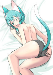 Rule 34 | 1girl, animal ears, bed sheet, black panties, black ribbon, blue hair, breasts, cameltoe, cat ears, cat tail, hair ribbon, hand on own ass, looking at viewer, natsuzakura yuuki, nipples, one eye closed, open mouth, panties, ribbon, short hair with long locks, sidelocks, sinon (sao-alo), small breasts, solo, sword art online, tail, topless, underwear, underwear only