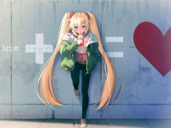 Rule 34 | 1girl, against wall, akai haato, alternate hairstyle, aqua eyes, black pants, blonde hair, blush, bomber jacket, cup, denim, disposable cup, drinking, drinking straw, facing viewer, full body, fur-trimmed jacket, fur trim, green jacket, hair between eyes, hair ornament, hairclip, heart, heart hair ornament, highres, holding, holding cup, hololive, jacket, jeans, knee up, leg up, long hair, magowasabi, nail polish, pants, red footwear, red nails, shoes, sideways glance, smile, sneakers, solo, straight-on, twintails, very long hair, virtual youtuber