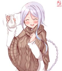 Rule 34 | 1girl, alternate costume, braid, brown sweater, commentary request, dated, closed eyes, highres, kanon (kurogane knights), kantai collection, long hair, open mouth, packet, silver hair, simple background, single braid, smile, solo, sweater, umikaze (kancolle), very long hair, white background