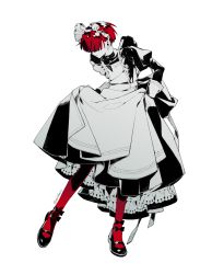 Rule 34 | 1boy, apron, black dress, black footwear, blunt bangs, bowl cut, closed mouth, collared dress, covered eyes, crossdressing, dress, facing down, frilled apron, frills, frown, full body, hair over eyes, highres, juliet sleeves, lace trim, long sleeves, maid, maid apron, maid headdress, male focus, original, pantyhose, puffy sleeves, red hair, red pantyhose, shoes, short hair, simple background, skirt hold, sleeve cuffs, solo, standing, standing on one leg, twitter username, uhui, white apron, white background