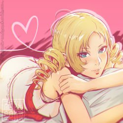 Rule 34 | 1girl, blonde hair, blue eyes, bow, catherine, catherine (game), drill hair, heart, koyorin, lipstick, looking at viewer, lying, makeup, on stomach, parted lips, simple background, smile, solo, twin drills, twintails, waist bow