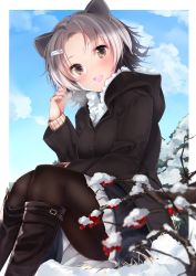 Rule 34 | 1girl, alternate costume, american beaver (kemono friends), animal ears, beaver ears, black collar, black footwear, black pantyhose, blue sky, blurry, blurry foreground, boots, brown eyes, casual, cloud, cloudy sky, collar, commentary, contemporary, day, depth of field, grey hair, hair ornament, hairclip, hand in own hair, highres, hood, hood down, hooded coat, kemono friends, kinou no shika, knee boots, long sleeves, looking at viewer, miniskirt, multicolored hair, open mouth, outdoors, outside border, pantyhose, parted bangs, pleated skirt, short hair, sitting, skirt, sky, smile, snow, solo, white hair, white skirt