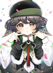 Rule 34 | 1boy, a c bb, black cape, black hair, black hat, blush, brown eyes, cape, chinese commentary, commentary request, confetti, eye of senri, fur-trimmed cape, fur trim, green ribbon, hands up, hat, highres, indie virtual youtuber, long sleeves, looking at viewer, male focus, neck ribbon, open mouth, ribbon, shirt, short hair, simple background, solo, tabinoki kanae, tabinoki kanae (2nd costume), two-sided cape, two-sided fabric, upper body, virtual youtuber, white background, white shirt