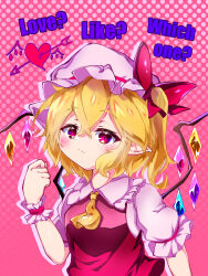 Rule 34 | 1girl, absurdres, arrow through heart, ascot, blonde hair, blush, bow, collared shirt, crystal, english text, flandre scarlet, frilled shirt collar, frilled sleeves, frills, gozen (gozen0707), hair between eyes, hair bow, hat, hat ribbon, highres, looking at viewer, medium hair, mob cap, multicolored wings, pink background, pointy ears, puffy short sleeves, puffy sleeves, red bow, red ribbon, red vest, ribbon, ribbon-trimmed headwear, ribbon trim, shirt, short sleeves, simple background, sleeve ribbon, smug, solo, touhou, upper body, vest, white hat, white shirt, wings, yellow ascot