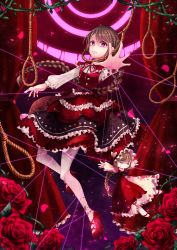 Rule 34 | 1girl, blood, blood on hands, braid, brown hair, curtains, dress, flower, frilled dress, frills, frown, full body, highres, looking at viewer, noose, outstretched hand, pantyhose, petals, plant, puppet, puppet strings, purple eyes, red dress, red footwear, rose, sdorica, twin braids, vines, white pantyhose