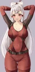 Rule 34 | 1girl, absurdres, amayo thranana, arms behind head, arms up, belt, black belt, blunt bangs, blush, bodysuit, breasts, brown eyes, collarbone, commission, covered navel, cowboy shot, eye symbol, forehead tattoo, grey background, hair ornament, hair stick, highres, hyrule warriors: age of calamity, impa, large breasts, long hair, looking at viewer, nintendo, parted lips, pointy ears, red bodysuit, sheikah, sidelocks, skeb commission, solo, teeth, the legend of zelda, the legend of zelda: breath of the wild, thigh gap, white hair, yiga clan