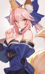 Rule 34 | 1girl, animal ear fluff, animal ears, bare shoulders, beige background, blue ribbon, breasts, cleavage, closed mouth, commentary, detached sleeves, fate/extra, fate/grand order, fate (series), fox ears, fox girl, fox tail, hair ornament, hair ribbon, hand up, japanese clothes, large breasts, long hair, looking at viewer, notcy4n, orange eyes, pink hair, ribbon, simple background, smile, solo, tail, tamamo (fate)