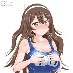 Rule 34 | 1girl, alternate costume, ashigara (kancolle), blue one-piece swimsuit, blush, breasts, brown eyes, brown hair, cleavage, closed mouth, comicand com, dated, eyebrows, fake horns, hair between eyes, hairband, hands on own chest, horned headwear, horns, kantai collection, large breasts, long hair, looking at viewer, name tag, old school swimsuit, one-piece swimsuit, school swimsuit, simple background, smile, solo, swimsuit, twitter username, upper body, wavy hair, white background