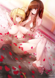Rule 34 | 10s, 2girls, ahoge, arm behind head, armpits, arms up, aya shobon, bath, bathing, blonde hair, blunt bangs, blush, breasts, breasts apart, brown eyes, brown hair, closed mouth, collarbone, commentary request, eye contact, eyelashes, fate/extra, fate (series), feet, groin, hair between eyes, hair censor, hair over breasts, hand on another&#039;s head, hand up, highres, kishinami hakuno (female), large breasts, long hair, looking at another, lying, lying on person, lying on water, medium breasts, multiple girls, navel, nero claudius (fate), nero claudius (fate) (all), nero claudius (fate/extra), nude, on back, partially submerged, petal censor, petals, petals on liquid, rose petals, short hair, sidelocks, smile, soles, stomach, toes, water, wet, yellow eyes, yuri