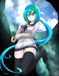 Rule 34 | 1girl, artist name, black panties, black thighhighs, blue hair, blue neckerchief, breasts, earth-chan, female focus, green eyes, green hair, hands up, holding, jacket, leg up, long hair, long sleeves, looking at viewer, multicolored hair, neckerchief, panties, pantyshot, ponytail, rilex lenov, skindentation, sleeves past wrists, small breasts, smile, solo, star (sky), star (symbol), starry background, text focus, thighhighs, two-tone hair, umbrella, underwear, very long hair, watermark, white jacket