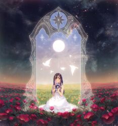 1girl black_hair brown_eyes dress field flower flower_field highres juby long_hair looking_at_viewer on_ground original portal_(object) seiza sitting sleeveless sun white_dress