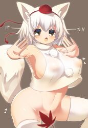 Rule 34 | 1girl, :o, animal ear fluff, animal ears, blush, bottomless, breasts, brown background, brown eyes, commentary request, covered erect nipples, fang, feet out of frame, hat, heart, highres, inubashiri momiji, leaf, leaf censor, lets0020, looking at viewer, maple leaf, medium bangs, navel, open mouth, pom pom (clothes), red hat, shirt, short hair, sideboob, simple background, skin fang, sleeveless, sleeveless shirt, solo, tail, thighhighs, tokin hat, touhou, turtleneck, v-shaped eyebrows, white hair, white shirt, white thighhighs, wolf ears, wolf girl, wolf tail