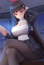 Rule 34 | 1girl, black hair, black jacket, black pantyhose, black skirt, blue archive, breasts, cleavage, cleavage cutout, closed mouth, clothing cutout, commentary request, crossed legs, hair ornament, halo, hand in own hair, hand up, highres, holding, id card, jacket, large breasts, long sleeves, looking at viewer, melopun, open clothes, open jacket, pantyhose, red eyes, rio (blue archive), shirt, shirt tucked in, sitting, skirt, solo, turtleneck, underwear, white shirt