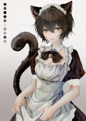 Rule 34 | 1girl, absurdres, animal ears, apron, bad id, bad pixiv id, bell, black bow, black bowtie, black dress, bow, bowtie, brown eyes, brown hair, cat ears, cat girl, cat tail, color guide, commentary, d4dj, detached collar, dress, english commentary, giraffe three, gradient background, grey background, highres, looking at viewer, maid, maid apron, maid headdress, miyake aoi, neck bell, parted lips, puffy short sleeves, puffy sleeves, short hair, short sleeves, skirt hold, solo, tail, upper body, white apron