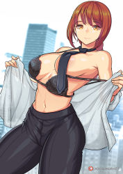 Rule 34 | 1girl, black bra, black pants, bra, bra pull, bra slip, bra strap, breasts, chainsaw man, clothes pull, covered erect nipples, large breasts, lingerie, makima (chainsaw man), navel, necktie, off shoulder, pants, partially undressed, red hair, redjet, removing bra, shiny skin, sideboob, smile, solo, thick thighs, thighs, underwear