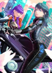 Rule 34 | 2girls, alternate costume, animal, biker, biker clothes, bird, black gloves, blue eyes, blue hair, breasts, building, byleth (female) (fire emblem), byleth (fire emblem), cleavage, closed mouth, commentary, contemporary, english commentary, feathers, fingerless gloves, fire emblem, fire emblem: three houses, fire emblem warriors: three hopes, floof n wool, gloves, hair bun, hair over one eye, highres, large breasts, lips, long hair, long sleeves, medium breasts, motor vehicle, motorcycle, multiple girls, nintendo, one eye covered, orange gloves, outdoors, pink lips, purple eyes, purple hair, riding, shez (female) (fire emblem), shez (fire emblem), single hair bun, smile, very long hair