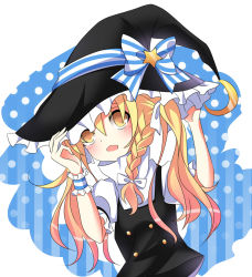 Rule 34 | 1girl, adjusting headwear, blonde hair, blush, bow, crescent, d:, dress, hat, hat bow, hoxi, kirisame marisa, open mouth, popped collar, shy, solo, star (symbol), touhou, turtleneck, wavy mouth, witch hat, wrist cuffs, yellow eyes