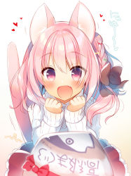 Rule 34 | 1girl, :d, animal ears, blush, bow, braid, cat ears, cat tail, chocolate, clenched hands, hair bow, happy, long hair, looking at viewer, open mouth, original, pink eyes, pink hair, ribbed sweater, sazaki ichiri, smile, solo, sweater, tail, turtleneck, turtleneck sweater, white day