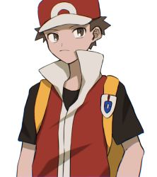 Rule 34 | 1boy, backpack, bad id, bad twitter id, bag, baseball cap, black shirt, brown eyes, brown hair, closed mouth, commentary request, creatures (company), frown, game freak, hat, highres, jacket, male focus, nintendo, pokemon, pokemon frlg, popped collar, red (pokemon), red hat, shirt, short hair, short sleeves, sideways glance, simple background, solo, spiked hair, t-shirt, umekobushi, upper body, vs seeker, white background, yellow bag