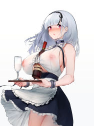 Rule 34 | 1girl, apron, azur lane, bad id, bad pixiv id, between breasts, black hairband, blush, bottle, breasts, clothing cutout, covered erect nipples, cuffs, cup, dido (azur lane), drinking glass, hairband, highres, holding, large breasts, long hair, looking at viewer, nipples, open mouth, purple eyes, see-through silhouette, silver hair, simple background, skirt, sleeveless, solo, tray, underboob cutout, waist apron, white apron, white background, wine bottle, wine glass, yashemao qishi
