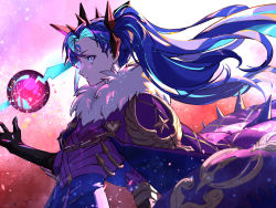 Rule 34 | 1girl, black ribbon, blue bodysuit, blue eyes, blue hair, bodysuit, breasts, cloak, facial mark, fate/grand order, fate (series), forehead mark, from side, fur-trimmed cloak, fur trim, horns, ishtar (fate), light blue hair, long hair, long sleeves, looking to the side, multicolored hair, ribbon, ringed eyes, small breasts, solo, space ishtar (astarte origin) (fate), space ishtar (fate), star-shaped pupils, star (symbol), symbol-shaped pupils, two-tone hair, two side up, type-moon, upper body, user vjwj4288, very long hair