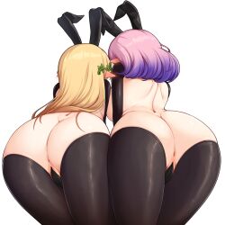 Rule 34 | 2girls, animal ears, anus, ass, ass-to-ass, bippew, blonde hair, blush, breasts, ear blush, facing away, fake animal ears, from behind, gradient hair, highres, large breasts, leaning forward, long hair, lucid (maplestory), maebari, maplestory, medium hair, meme attire, mercedes (maplestory), multicolored hair, multiple girls, pink hair, pointy ears, purple hair, rabbit ears, reverse bunnysuit, reverse outfit, simple background, white background
