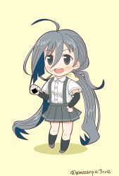Rule 34 | 10s, 1girl, :d, ahoge, alternate costume, arm warmers, asashio (kancolle), asashio (kancolle) (cosplay), black eyes, chibi, cosplay, food, food on face, grey eyes, grey hair, highres, kantai collection, kiyoshimo (kancolle), kneehighs, long hair, mae (maesanpicture), onigiri, open mouth, pleated skirt, rice, rice on face, simple background, skirt, smile, socks, solo, suspenders, twitter username