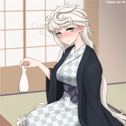 Rule 34 | 1girl, :3, alternate costume, asymmetrical bangs, blush, breasts, cup, cypress, drunk, hair down, holding, holding cup, japanese clothes, kantai collection, kimono, large breasts, long hair, obi, sash, sitting, solo, squeans, tokkuri, twitter username, unryuu (kancolle), very long hair, white hair, wide sleeves, yellow eyes