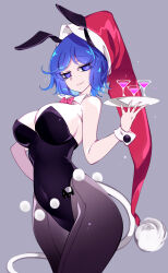 Rule 34 | 1girl, absurdres, blue hair, breasts, doremy sweet, hat, highres, large breasts, leotard, playboy bunny, raptor7, red hat, solo, touhou