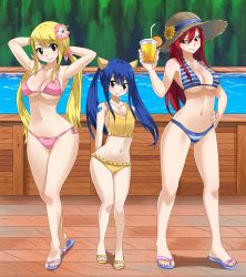 Rule 34 | 3girls, arms behind back, bikini, black eyes, blonde hair, blue bikini, blue hair, blue ribbon, blush, breasts, brown eyes, brown hat, cleavage, collarbone, day, detached sleeves, erza scarlet, fairy tail, floating hair, flower, frilled bikini, frills, full body, hair between eyes, hair ornament, halterneck, hand on own hip, hat, hat flower, hat ribbon, hibiscus, highres, large breasts, long hair, looking at viewer, lucy heartfilia, multiple girls, navel, outdoors, parted lips, pink bikini, pink flower, planeptune, red hair, ribbon, side-tie bikini bottom, sideboob, small breasts, smile, standing, straw hat, striped bikini, striped clothes, sun hat, sunflower, swimsuit, tattoo, twintails, underboob, wendy marvell, yellow bikini, yellow flower